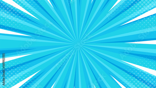Bright blue abstract background. Blue comic sunburst effect background with halftone. Suitable for templates, sales banners, events, ads, web, pages, and others