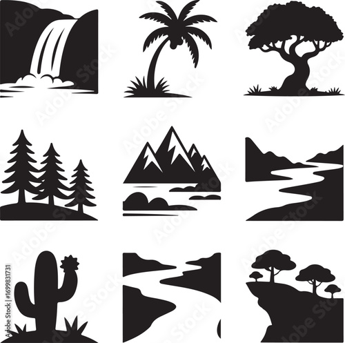 Compilation of Silhouette Icons of Natural Scenery and Plants waterfall palm tree