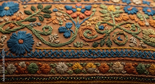Close-up of decorative needlework with floral and geometric patterns