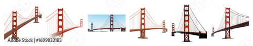Golden Gate Bridge set including various perspectives, day, and night views isolated. San Francisco travel and architecture collection.