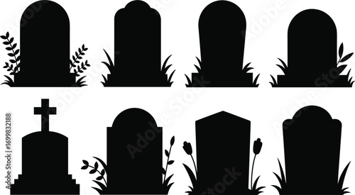 Collection of silhouette tombstones and gravestones with floral accents