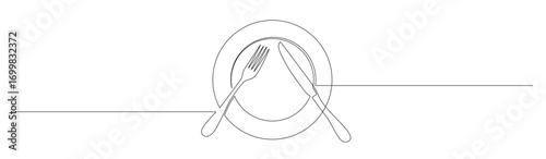 Continuous line art of a tableware set consisting of a plate, fork, and knife. This icon is for a restaurant sticker or banner. Vector illustration.

