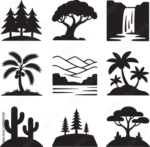 Collection of nine black silhouette nature landscape icons trees