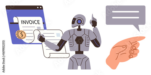 Robot managing invoices and engaging in dialogue via speech bubble, representing automation, artificial intelligence. Ideal for finance, technology, communication, business, robotics, efficiency