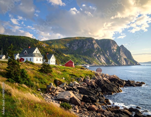 Wallpaper Mural Scenic coastal landscape featuring charming houses, cliffs, and rocky coastline Torontodigital.ca