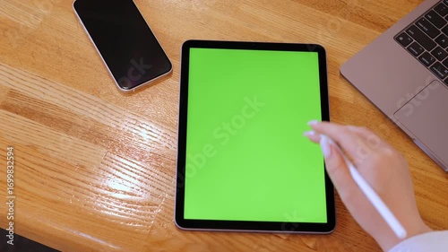 Person is writing on a green tablet. A phone and a laptop are also on the table