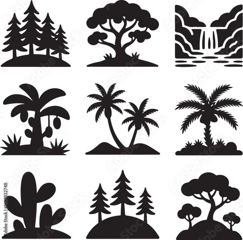 Nine black silhouette icons of nature landscapes and trees vector illustration