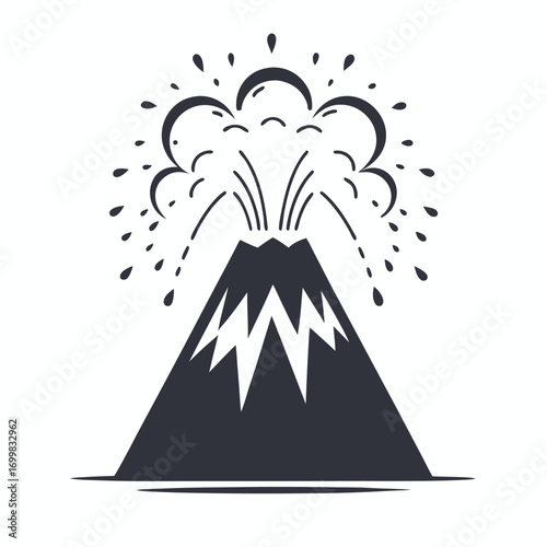 Stylized Erupting Volcano with Cloud and Lava, Illustration, White Background