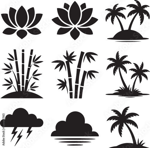 Collection of black silhouette nature and tropical icons Keywords: lotus flower, water lily, palm