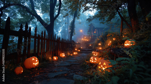 A spooky Halloween night with illuminated pumpkins lining a misty garden pathway.