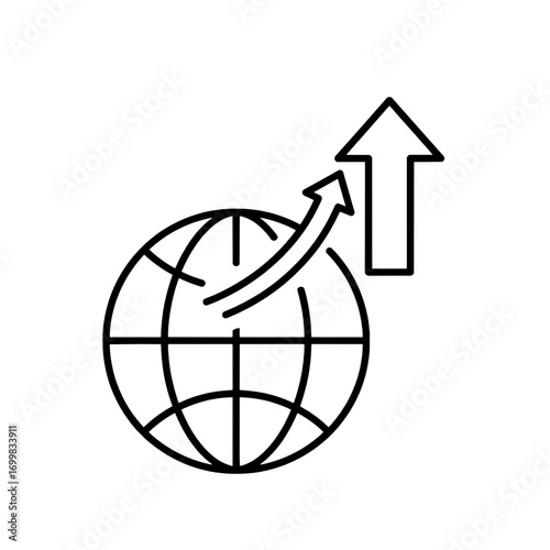 Global expansion and worldwide progress vector line icon symbolizing international business growth