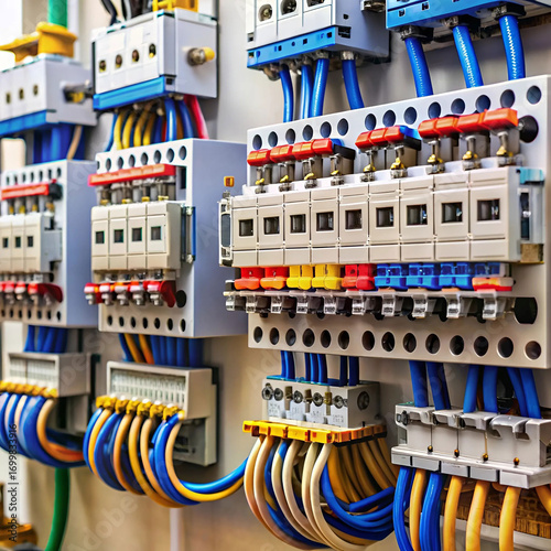 An open electrical panel featuring circuit breakers and wiring,