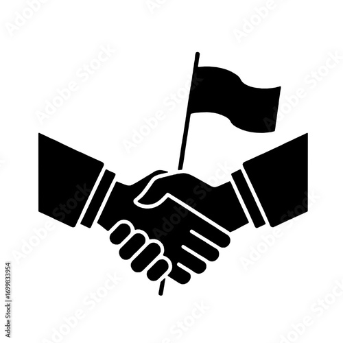 Icon of a handshake with a flag, symbolizing partnership and agreement for template