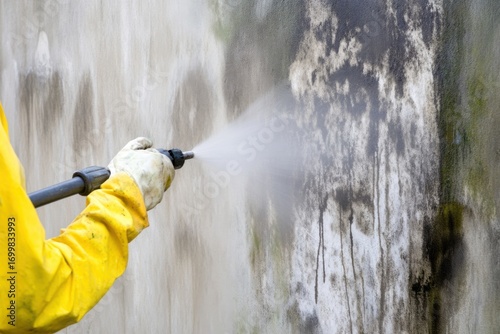 High-Pressure Washer Cleaning Wall with Mold and Dirt Removal