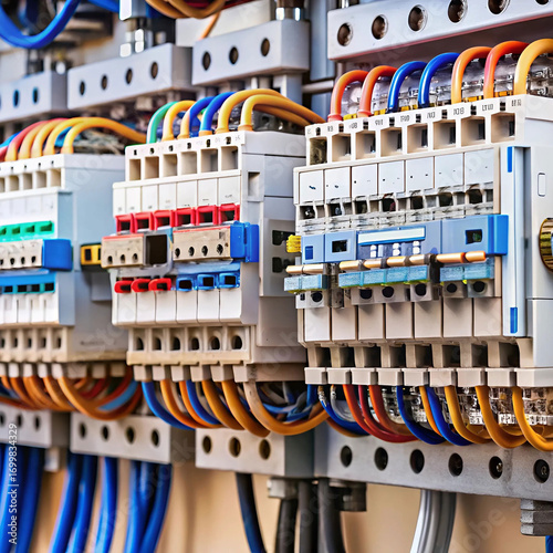 An open electrical panel featuring circuit breakers and wiring,
