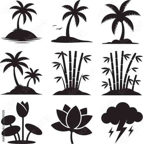 Tropical and Nature Silhouette Icons Palm Trees Bamboo Lotus Flowers and Storm Cloud island