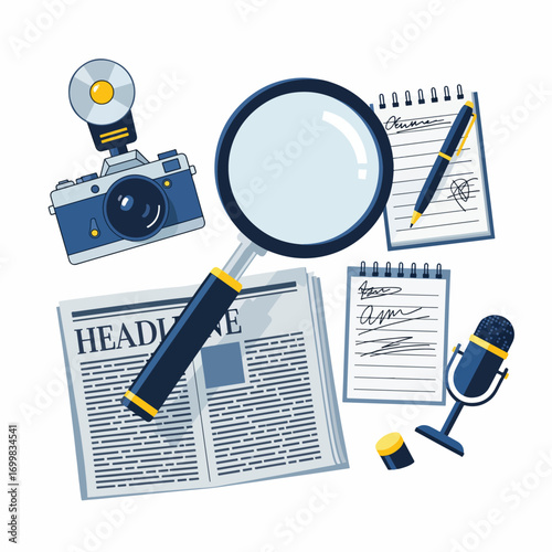 Journalism tools: camera, magnifying glass, notepad, microphone, newspaper.