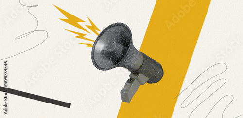 Megaphone with Breaking news. Social media propaganda and information. Public event. Paper texture background. Trendy Halftone Collage. Contemporary vector illustration art