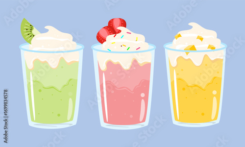 Fruit smoothies set cartoon. Delicious drink illustration. Kiwi, strawberry and mango. Can be used for wallpaper, sticker, and menu element