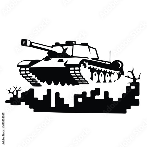 black tank silhouette on landscape clip art preview