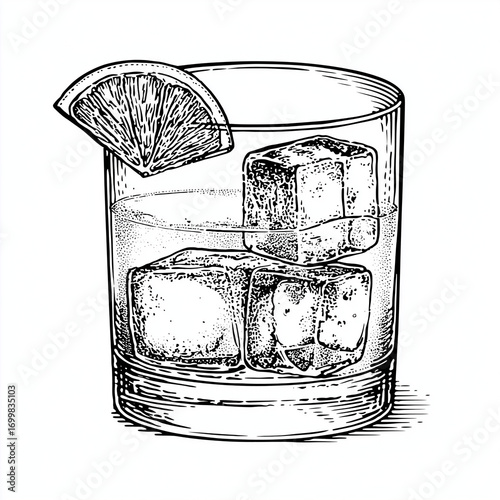 Old-fashioned glass with ice cubes and orange slice, concept of aerial  