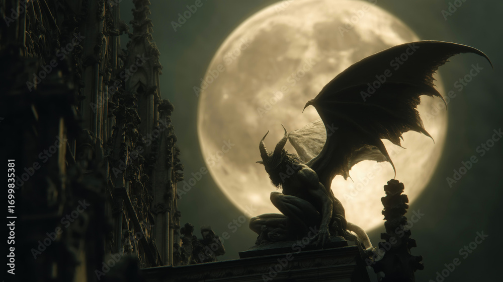 Fototapeta premium Mysterious sculpture with bat wings under a full moon, evoking gothic themes.
