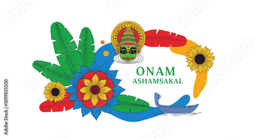 Colorful graphic illustration for Onam festival featuring King Mahabali, a snake boat, banana leaves, and vibrant floral designs with 'Onam Ashamsakal' text.