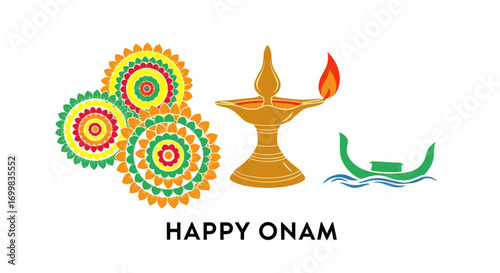 Onam festival illustration with flowers, lamp, and boat.
