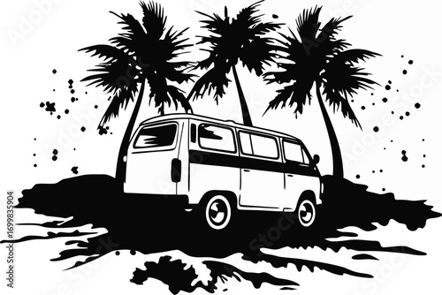 Van and Palm Trees on White Background, Tropical Theme