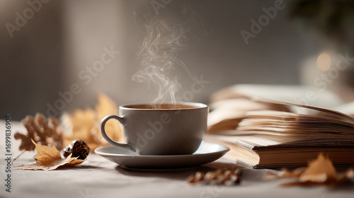 Enjoy the cozy warmth of autumn with a steaming cup of coffee and a good book.