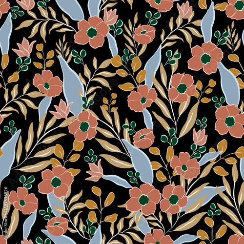 Trendy dark Floral pattern. Botanical Motifs scattered random. Seamless vector texture. for fashion prints. Printing with in hand drawn style on black background, textile