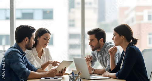 coworkers seated around desk discussing marketing report using printed documents computer and sharing insights in a corporate office work and office life business activity photo