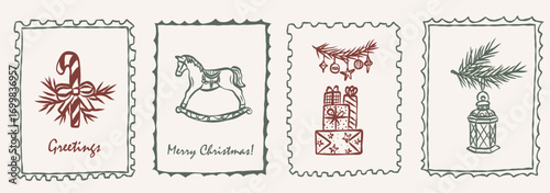Whimsical retro hand drawn Christmas stamps