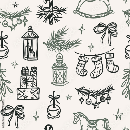 Hand drawn Christmas seamless pattern. Whimsical decorative design