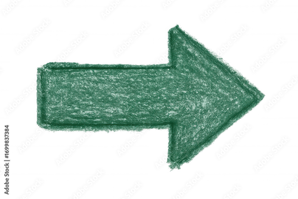 Fototapeta premium Green crayon arrow pointing to the right, sketched on a transparent background, ideal for educational or business presentations