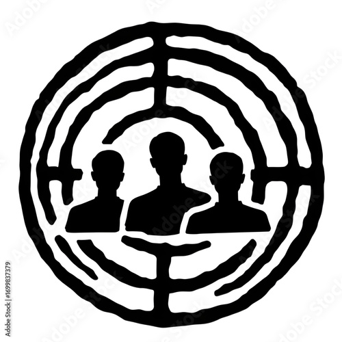 Abstract Concept of Human: A minimalist graphic depicting three human figures nestled within a concentric circle.