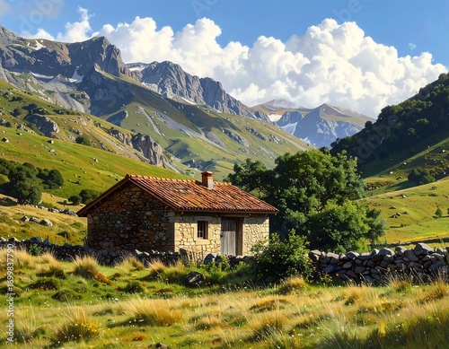 Wallpaper Mural Secluded stone cottage nestled within a vast alpine landscape under fluffy clouds Torontodigital.ca