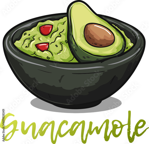 Cartoon Guacamole in a Bowl Vector Icon Isolated on White Background. Vibrant illustration of a delicious guacamole dip in black ceramic bowl. The bright green guacamole is garnished with red tomato