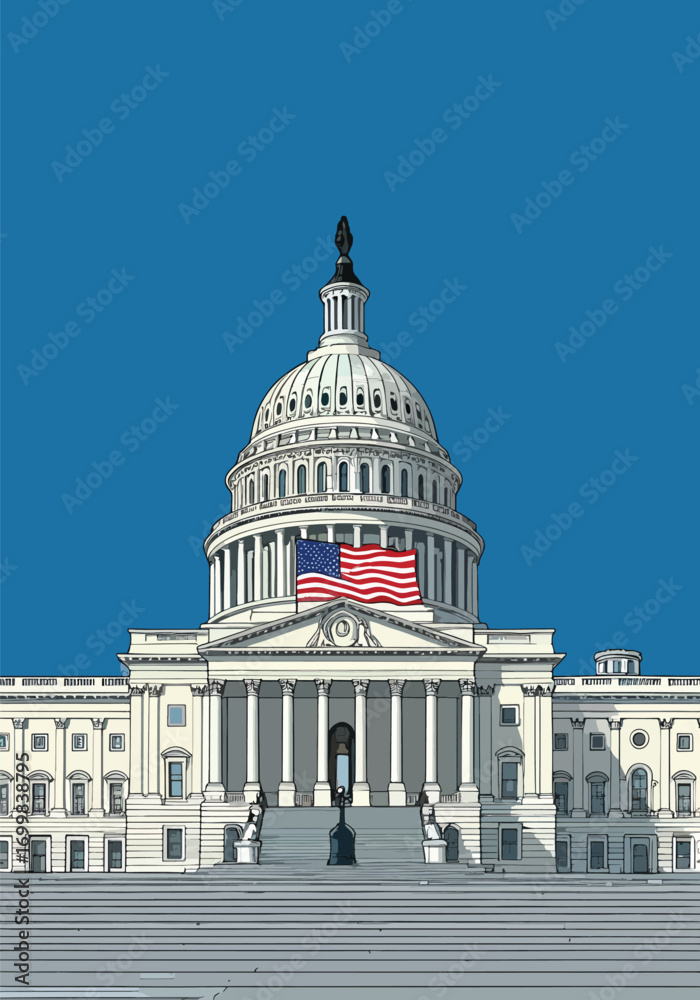 Obraz premium Capitol Building Illustration with American Flag