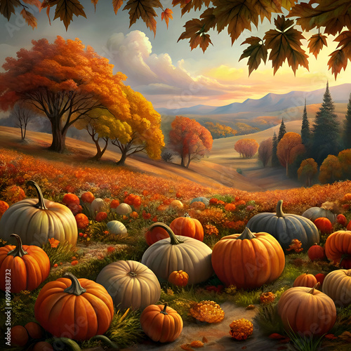 Autumnal pumpkin patch landscape with fall foliage and hills