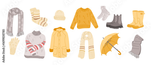 Collection of cozy fall and winter clothing items including sweaters, scarves, boots, and umbrella in hand drawn style. Concept of cold weather fashion, seasonal comfort and layered outfits