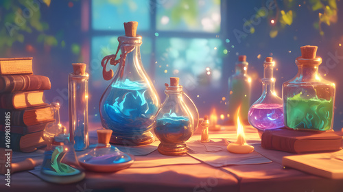 Magical Potion Bottles Glowing On Alchemy table