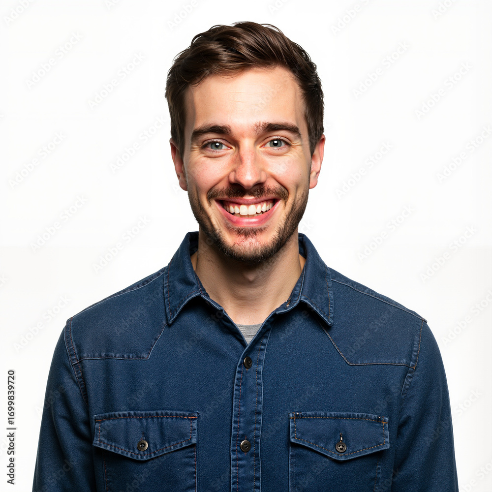 Obraz premium Young man smiling while standing against a white background 