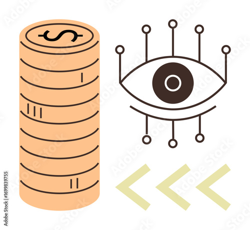 Coin stack with dollar sign, digital eye interconnected by lines, and arrows symbolize finance, AI, and progression. Ideal for fintech, data science, money management, analytics vision innovation