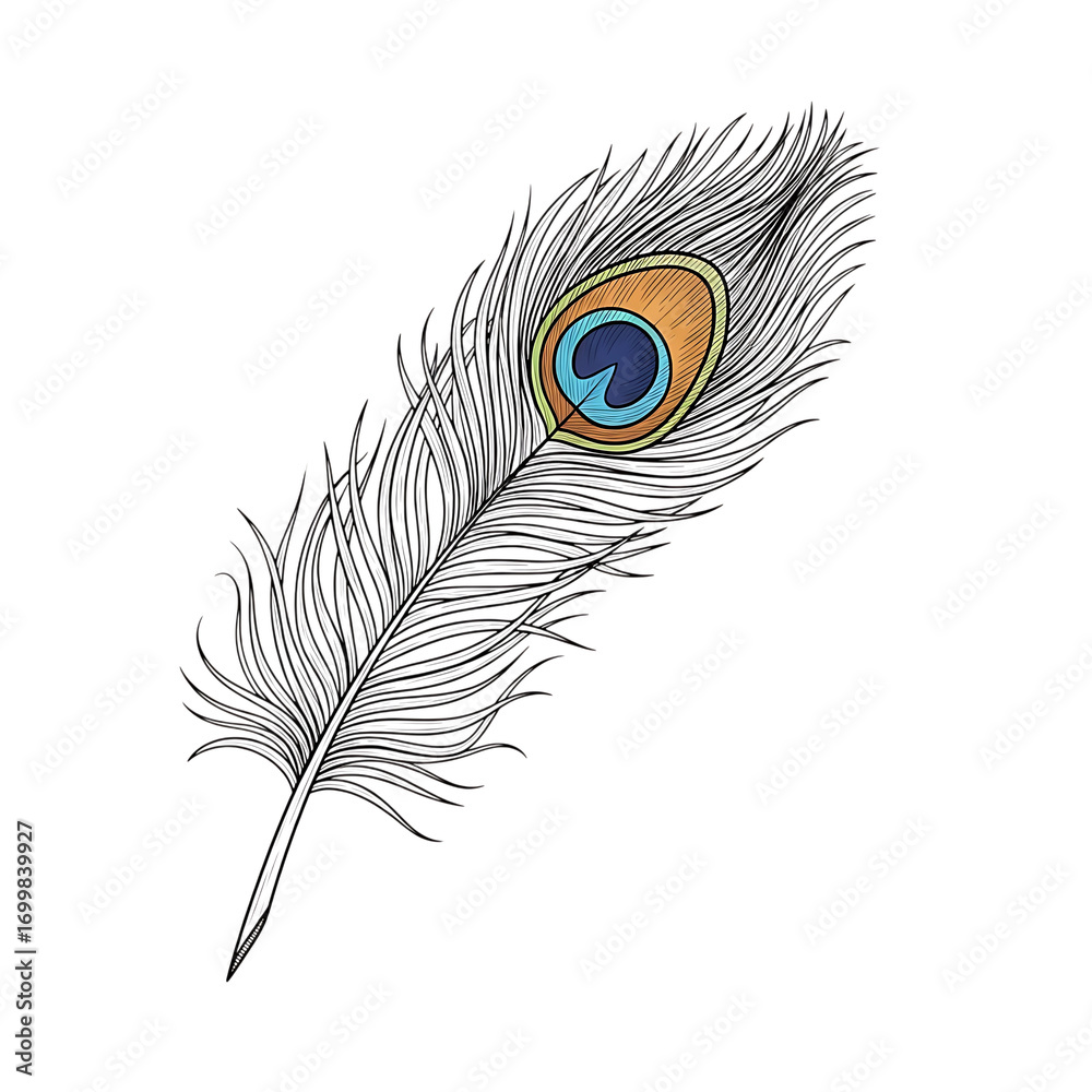Obraz premium Detailed peacock feather illustration isolated on transparent background, featuring intricate barb and eye pattern