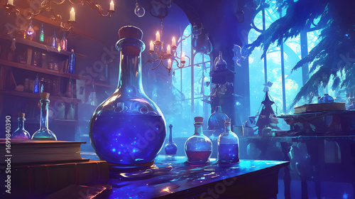 Magical Potion Bottles Glowing On Alchemy table