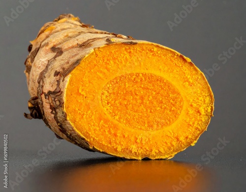 Close-up macro shot of fresh turmeric root sliced open, showing yellow fibrous inside
