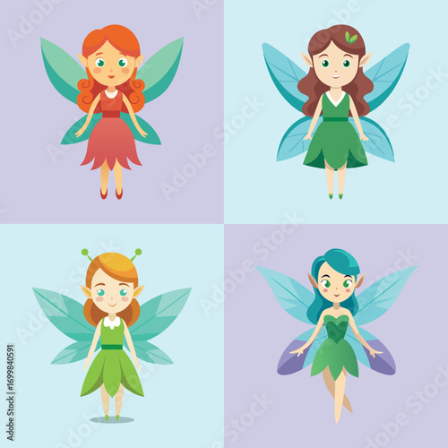 Four Cute Cartoon Fairies: Whimsical, Colorful, and Playful Illustrations for Children's Books, Websites, and Apps.