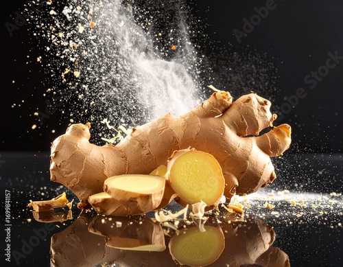 Dynamic cascade of ground ginger powder over fresh raw ginger root and slices on a sleek black background, embodying culinary spice and natural wellness