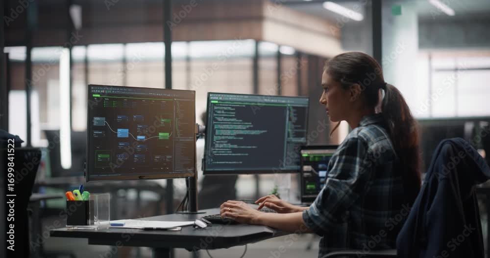 Young Woman Working as a Developer, Surrounded by Big Screens Displaying Lines of Code in an Office Room. Female Programmer Using Desktop Computer, Analysing Data, Creating Smart AI Software Young Woman Working as a Developer, Surrounded by Big Screens Displaying Lines of Code in an Office Room. Female Programmer Using Desktop Computer, Analysing Data, Creating Smart AI Software